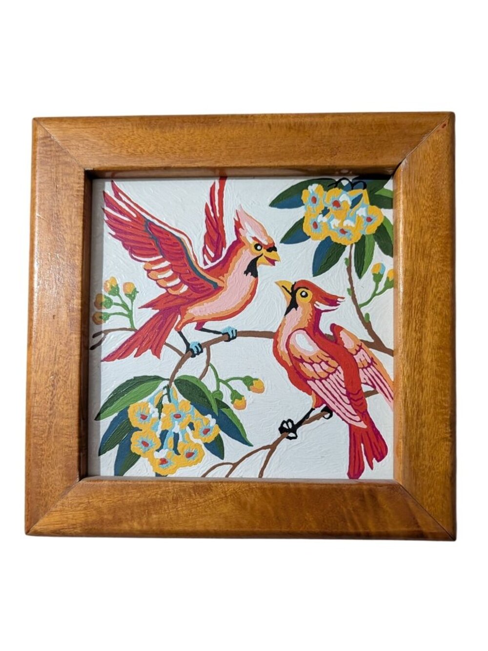 Vintage Paint by Number Cardinal red Birds Yellow Flowers wooded 10 in Folk art - Picture 6 of 11